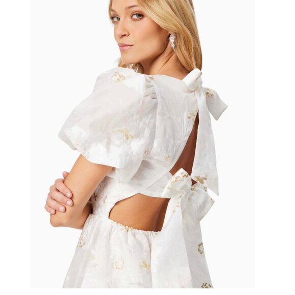 Elliatt Octavia Puff Sleeves Bow Bridal Holiday Mini Dress Gold/Ivory  Sz XL NWT - Picture 8 of 15